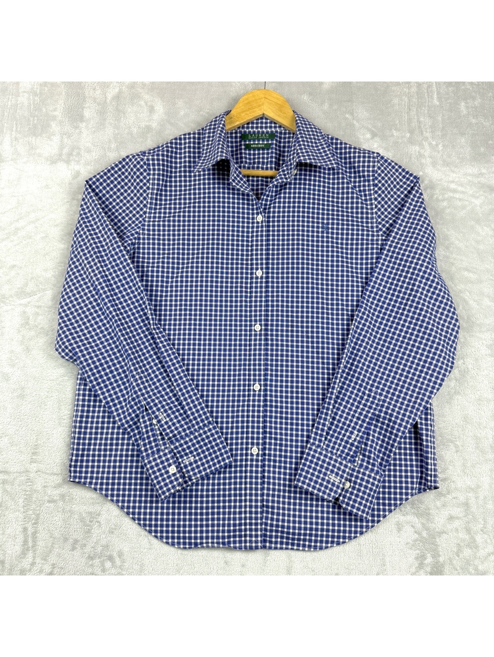 Lauren Ralph Lauren Women Blue White Gingham Non Iron Long Sleeve Dress Shirt L